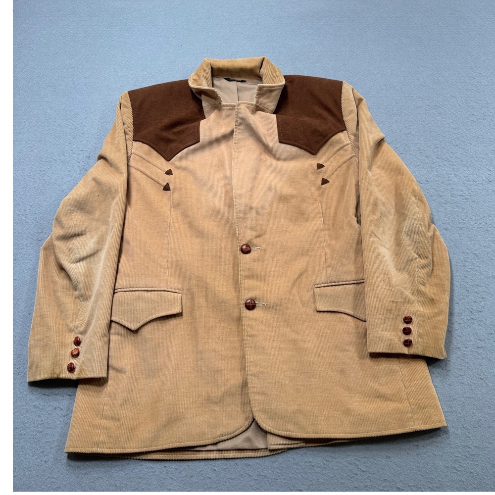 Vintage Pioneer Wear Blazer Men's 44 Tan Corduroy Suede Yoke Western Cowboy USA